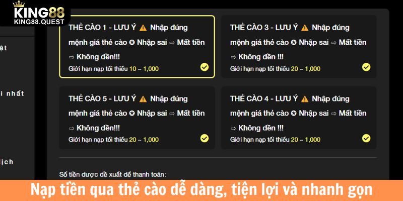 Nạp tiền qua thẻ cào dễ dàng, tiện lợi và nhanh gọn